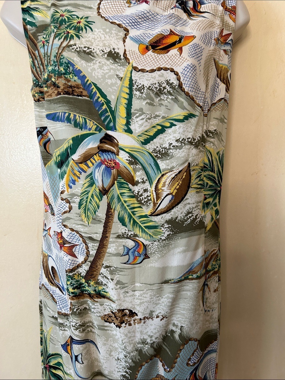 reyn spooner Tropical Palm & Fish Midi Dress - Green, Blue, Brown 100% Rayon M - Picture 4 of 11